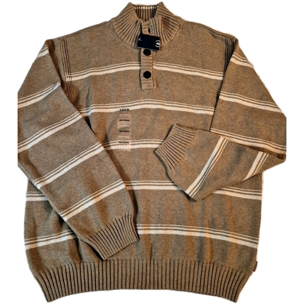 Izod Mens Henley Sweater XXL Tan Stripe Soft lightweight Knit  NWT